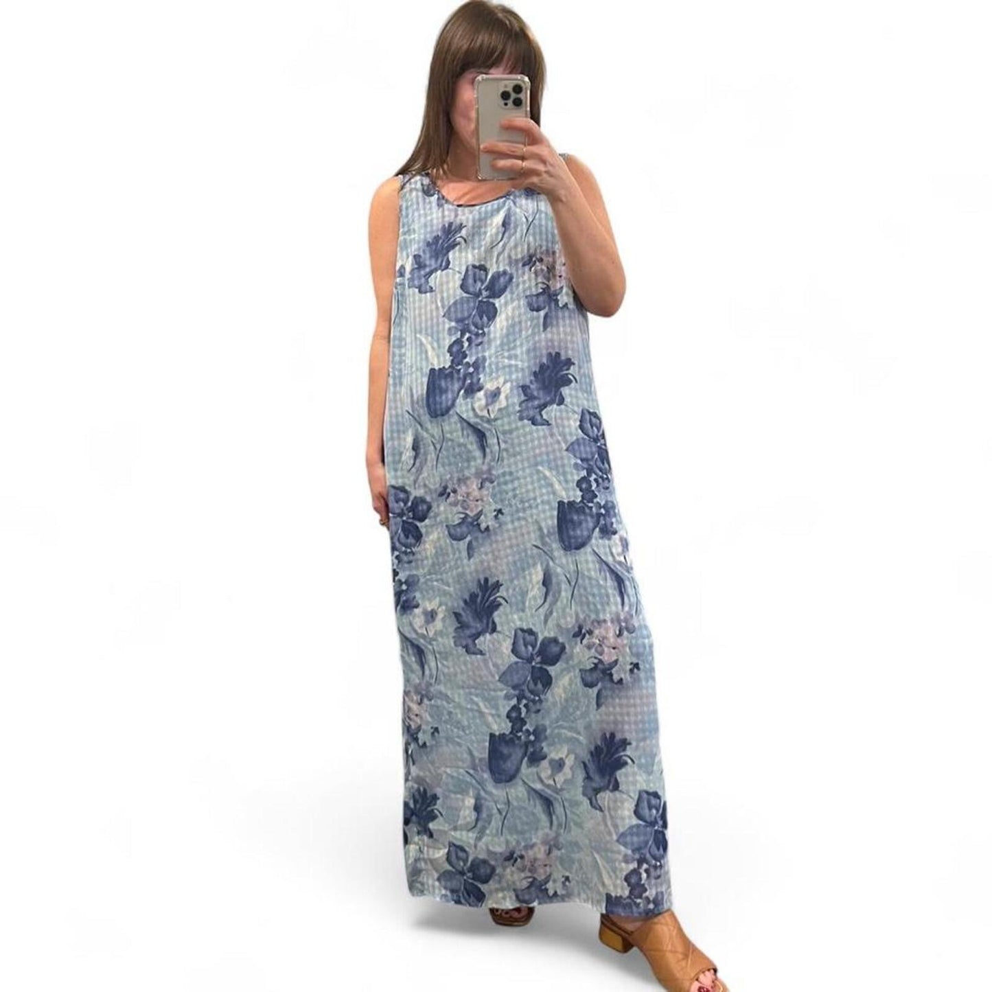 Vintage Y2K Blue Floral Maxi Dress Sheer Overlay