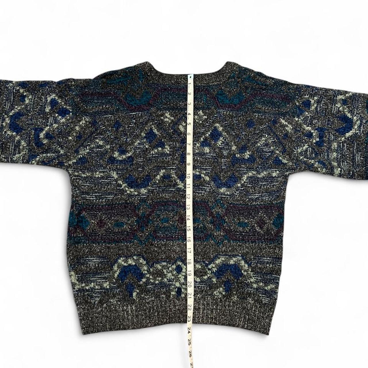 Vintage 90s Oversized Grandpa Cardigan Sweater Gray Blue Abstract Knit L
