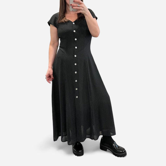 Vintage Polka Dot Button Midi Dress