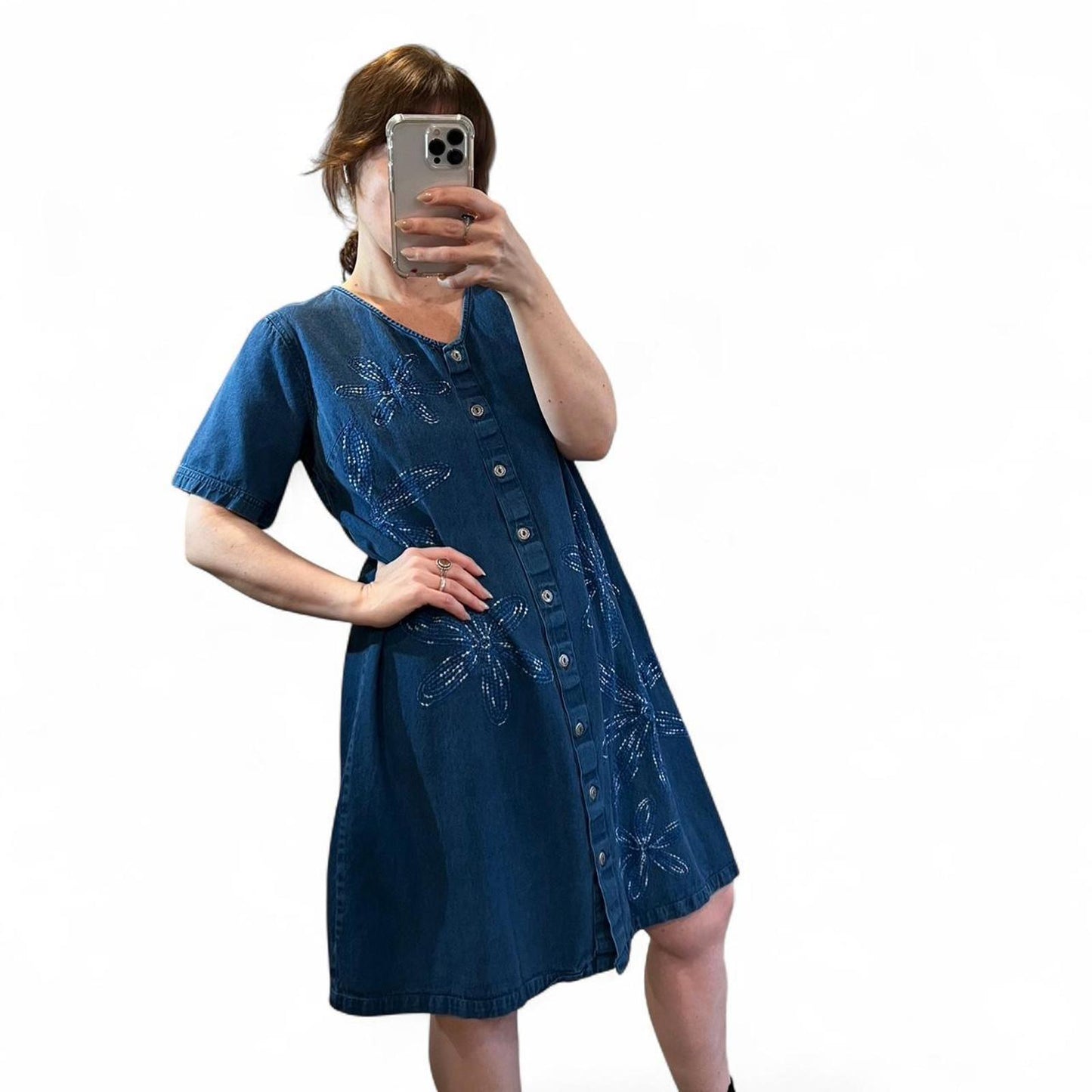 Vintage Denim Embroidered Button Dress
