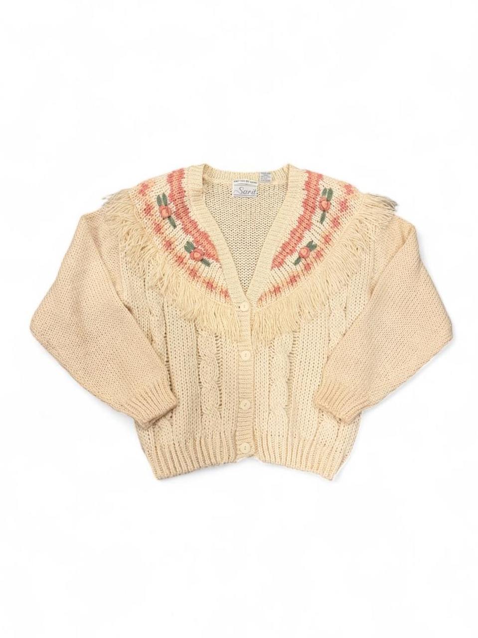 Vintage 80s Hand Knit Floral Fringe Cardigan