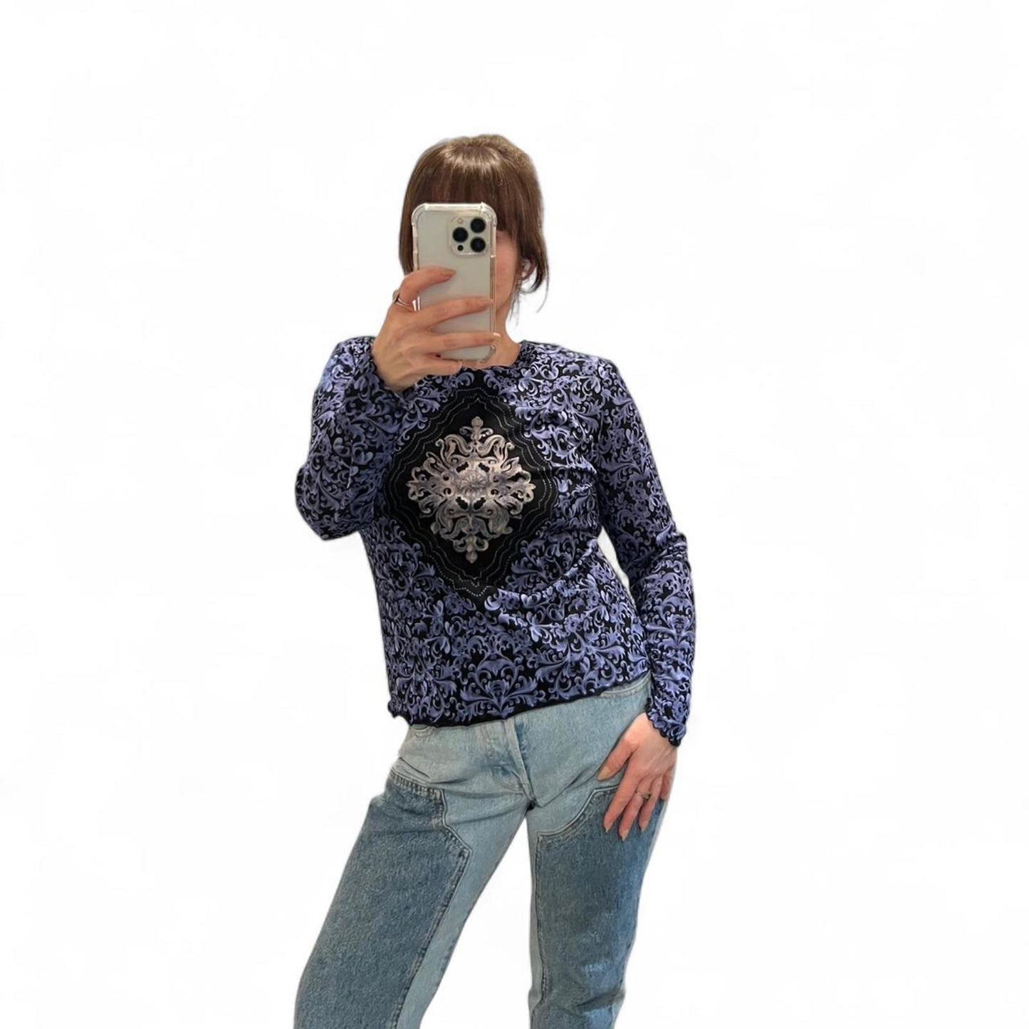 Vintage Y2K Sheer Mesh Gothic Print Long Sleeve Top
