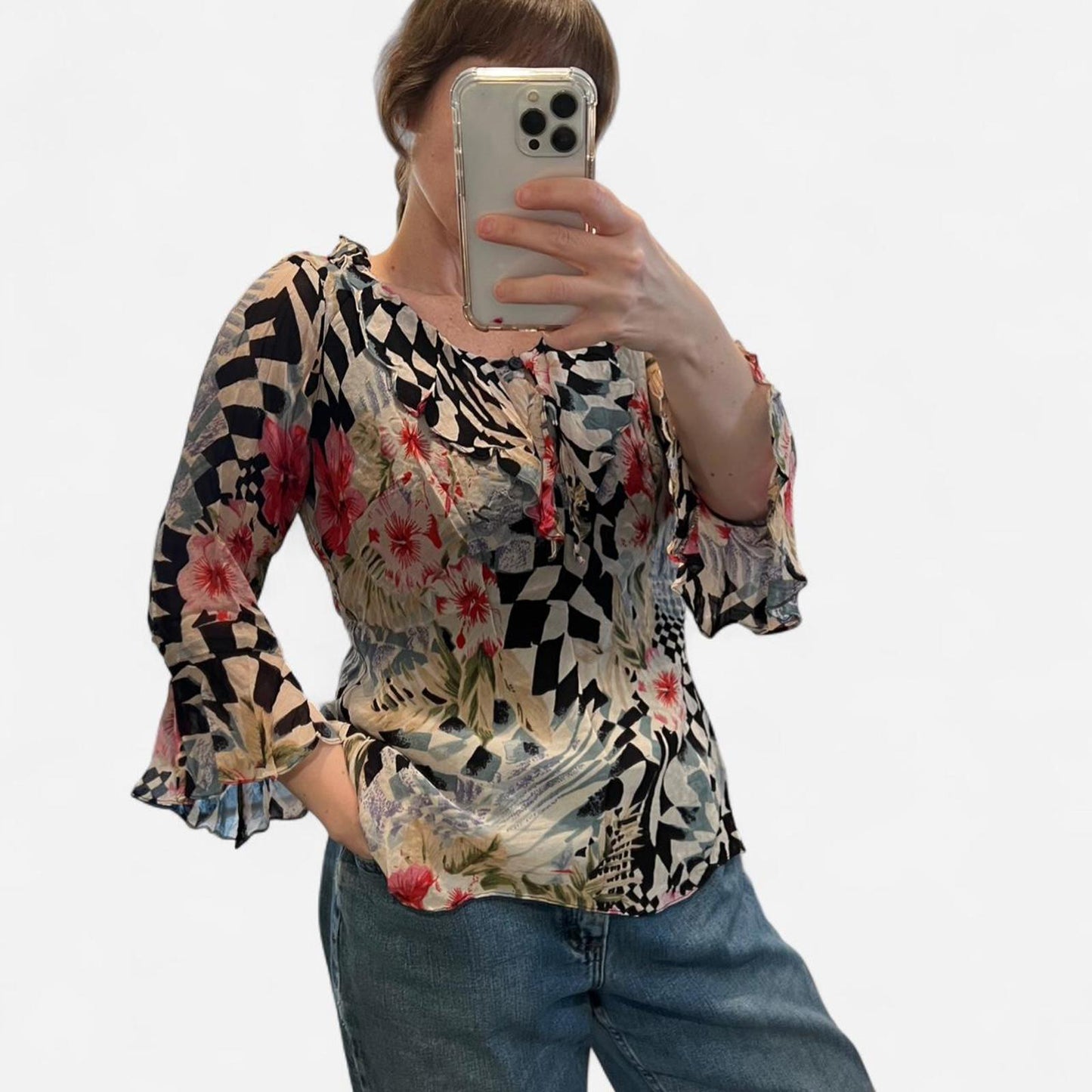 Vintage 90s Sheer Floral Ruffle Blouse