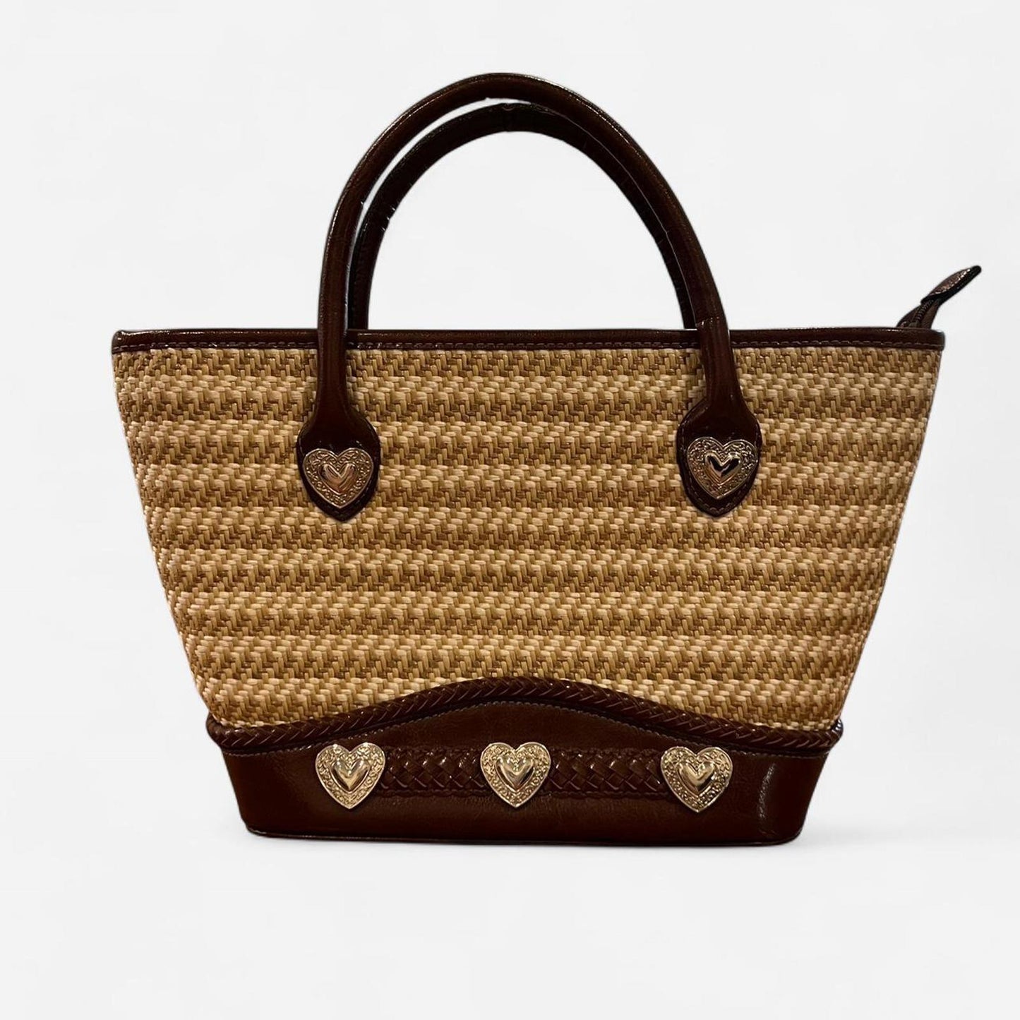 Vintage Y2K Woven Straw Tote Brown Leather Heart Bag