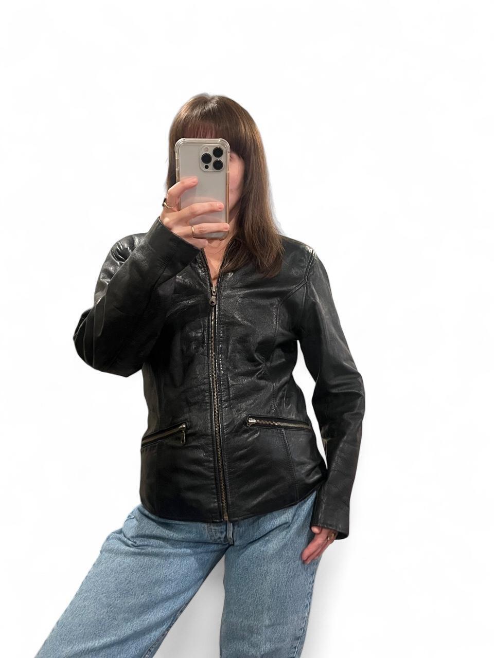 Vintage Y2K Genuine Leather Zip Jacket Black Fitted Moto Minimalist