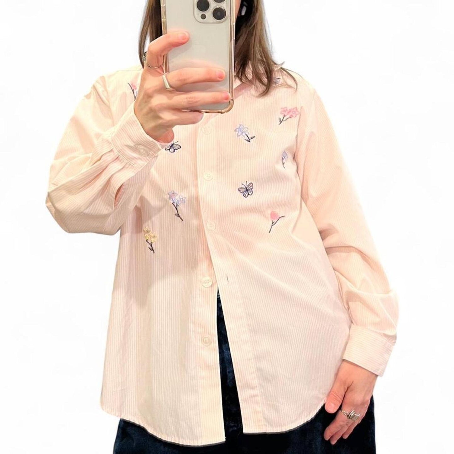 Vintage Y2K Pink Pinstripe Embroidered Floral Button Up