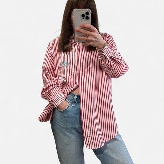 Vintage Red Stripe Embroidered Button Down