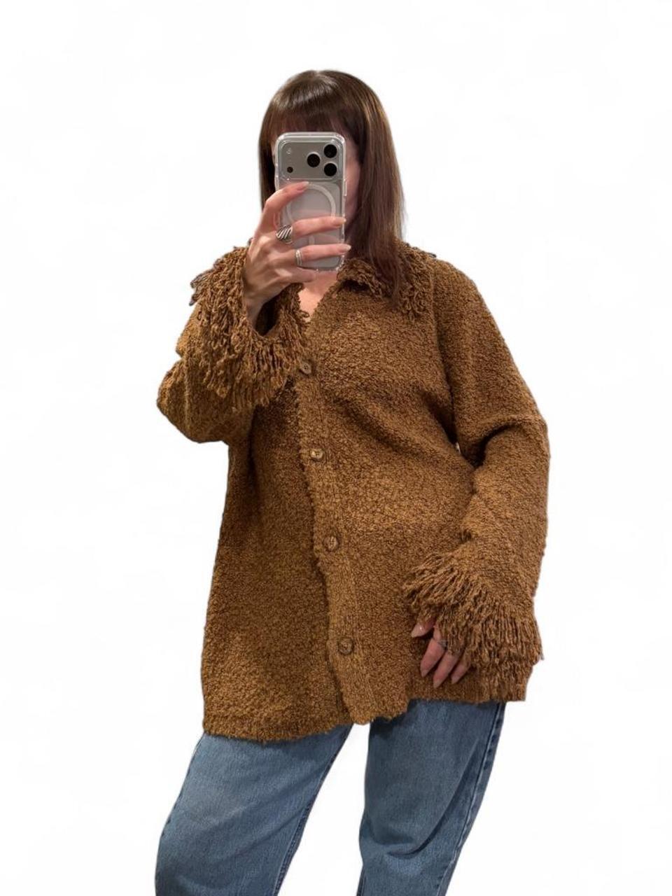 Vintage 90s Brown Bouclé Fringe Cardigan Jacket XL