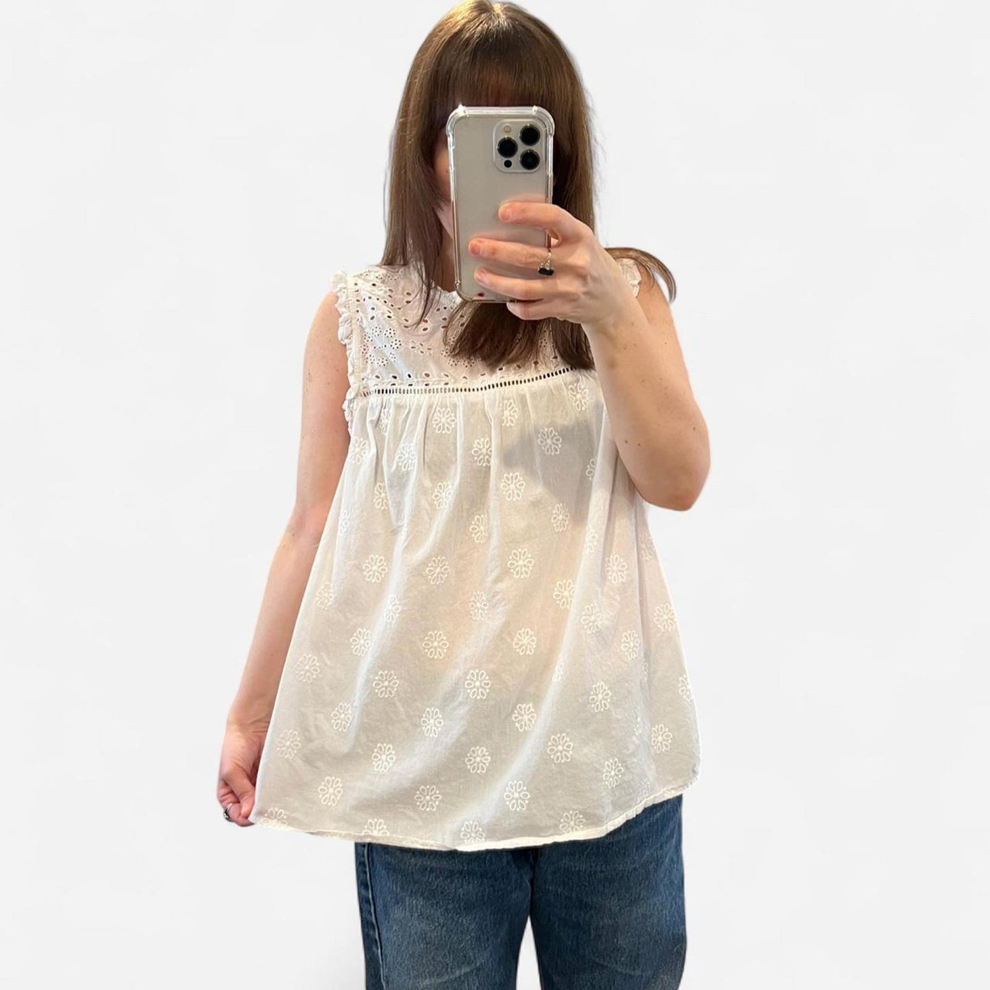 White Eyelet Cotton Sleeveless Blouse