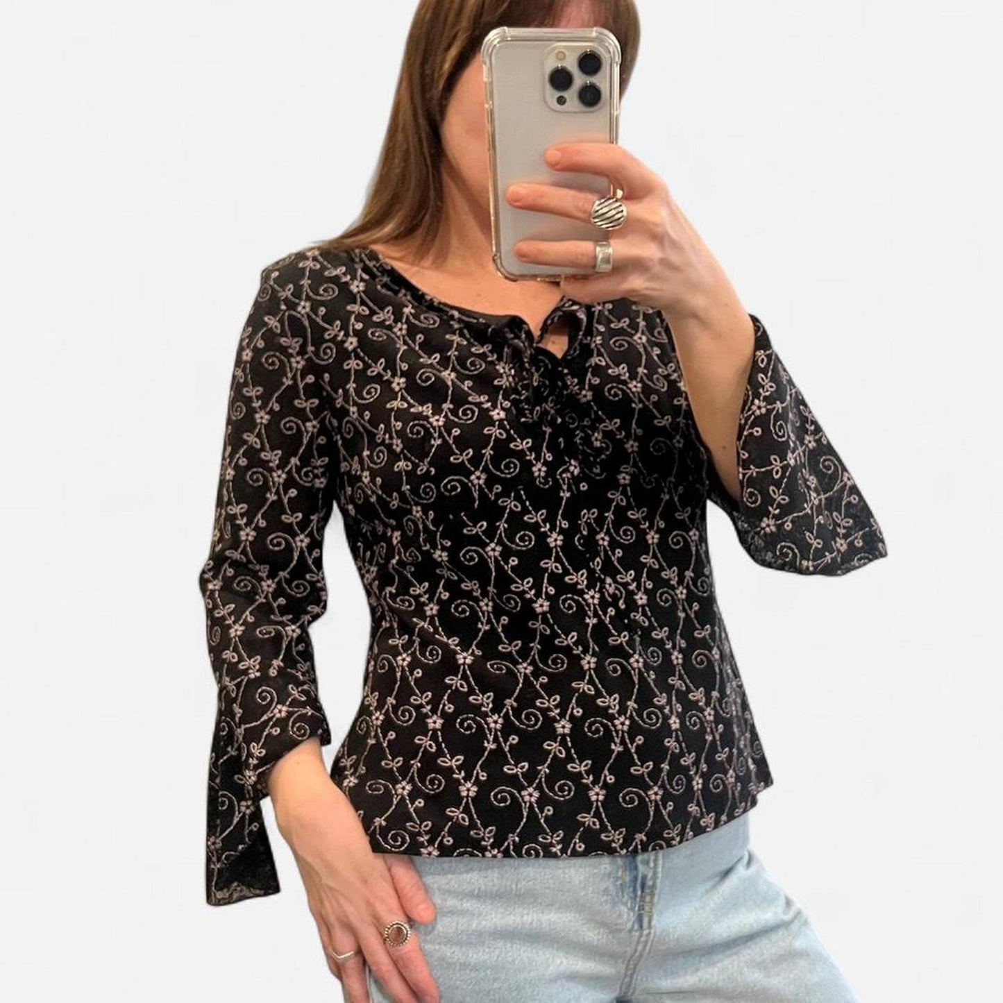 Vintage 90s Black Floral Embroidered Peasant Top Bell Sleeve