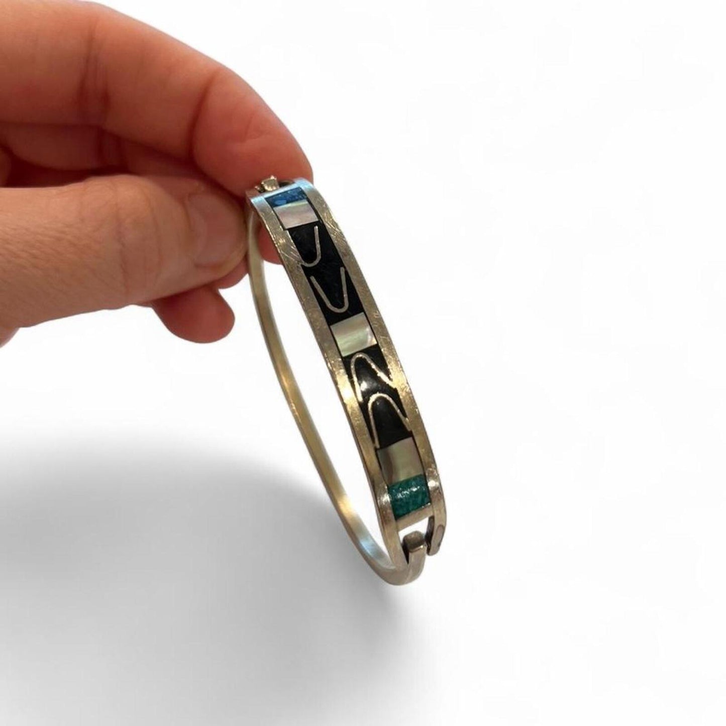 Vintage Southwest Inlay Cuff Bracelet Sterling Silver Turquoise Abalone