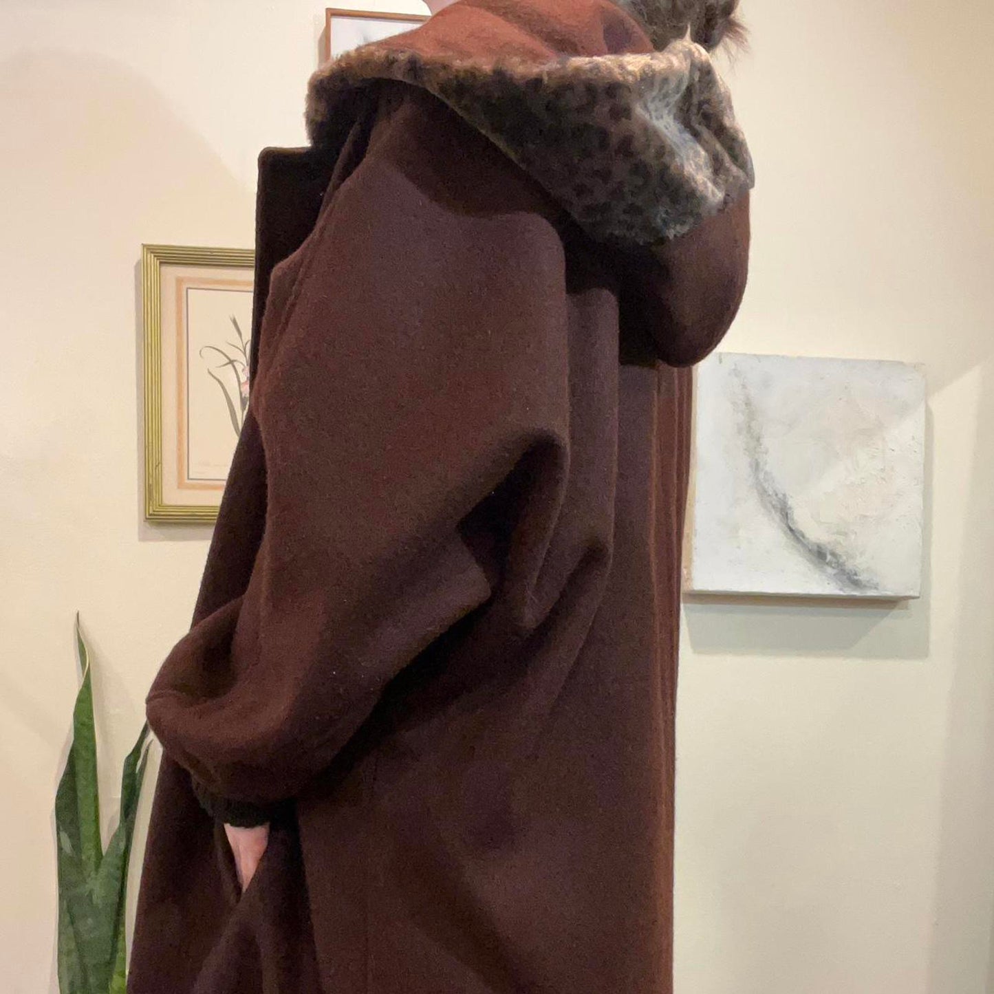 Vintage Brown Wool Hooded Coat/ Leopard Print Hood