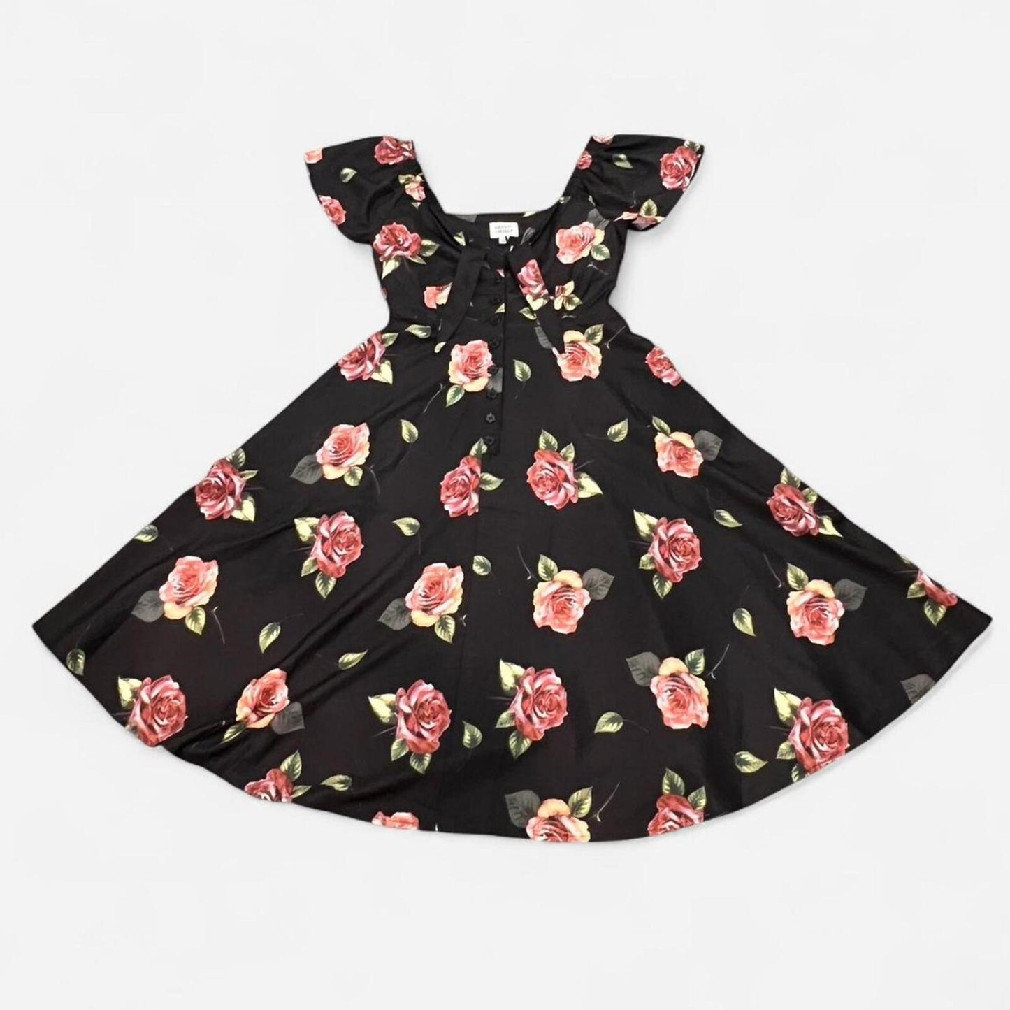 Vintage Y2K Rose Print Midi Dress Tie Front