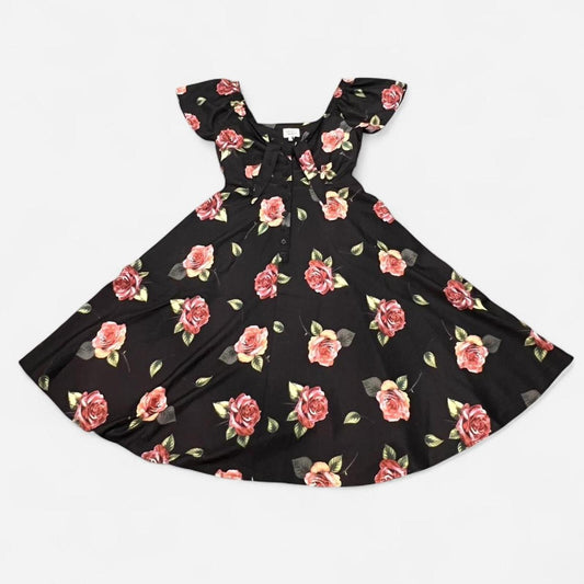 Vintage Y2K Rose Print Midi Dress Tie Front
