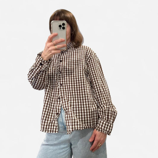 Brown Gingham Ruffle Blouse Cottagecore Prairie Top M