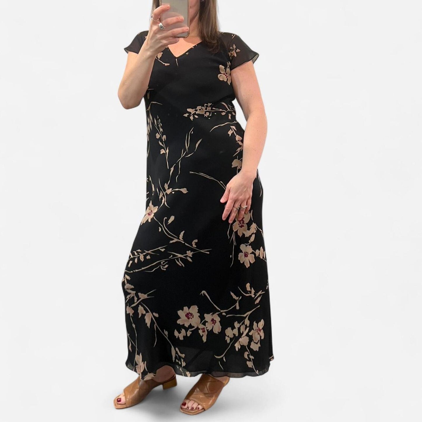 Vintage Silk Floral Midi Dress 2 Black Minimal Y2K