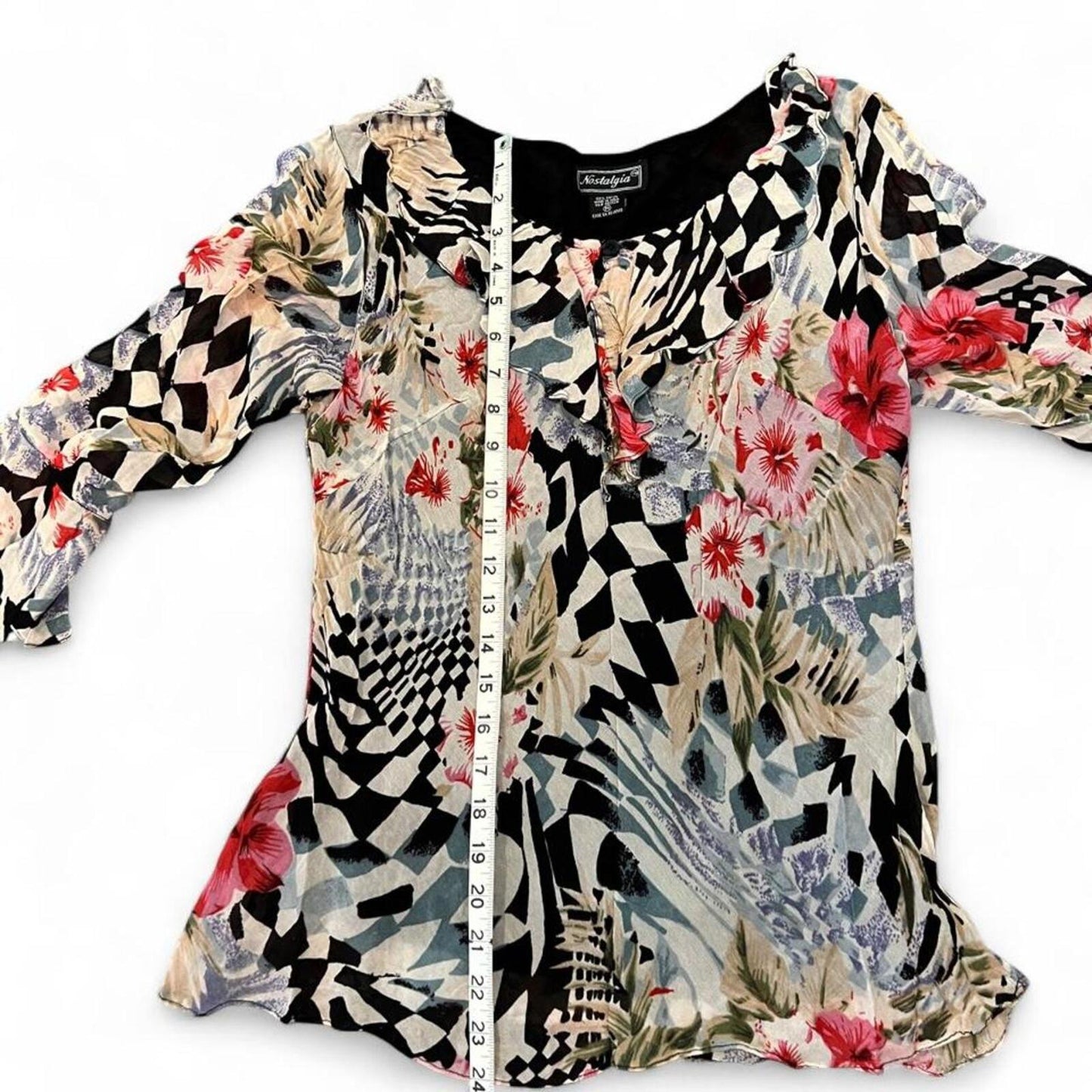 Vintage Y2K Sheer Mesh Floral Abstract Ruffle Top Fairy Grunge Boho Medium