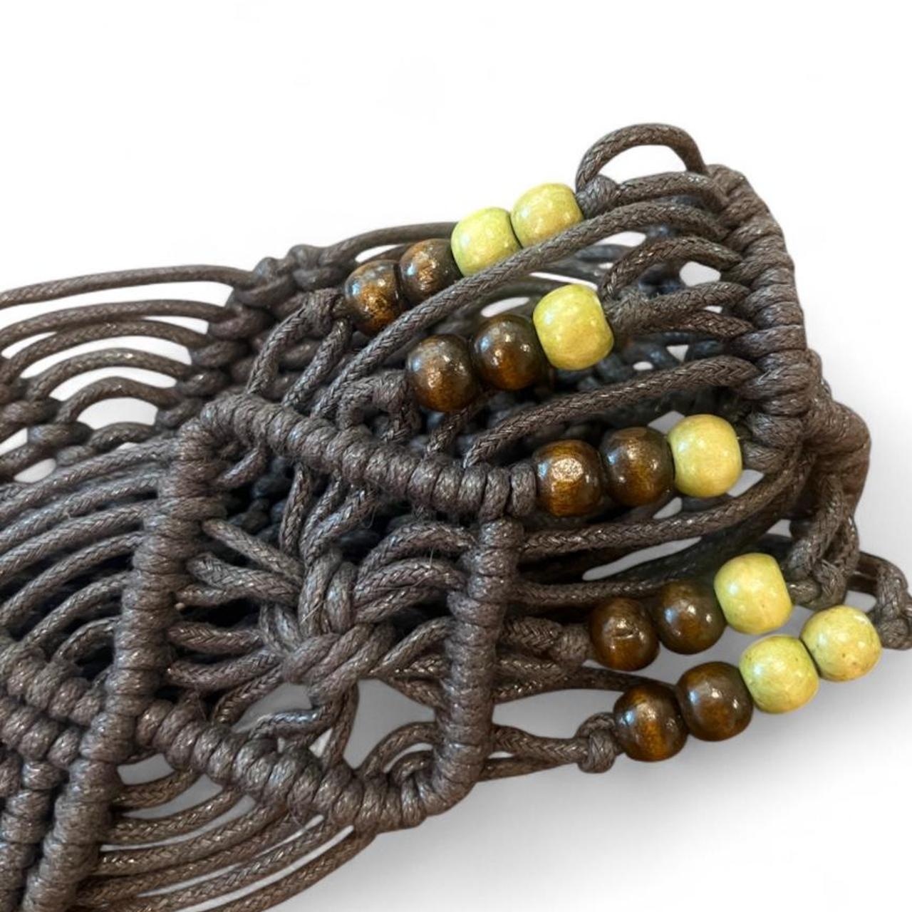 Vintage Boho Macramé Belt Brown Wood Bead Wooden Ring Tie Waist