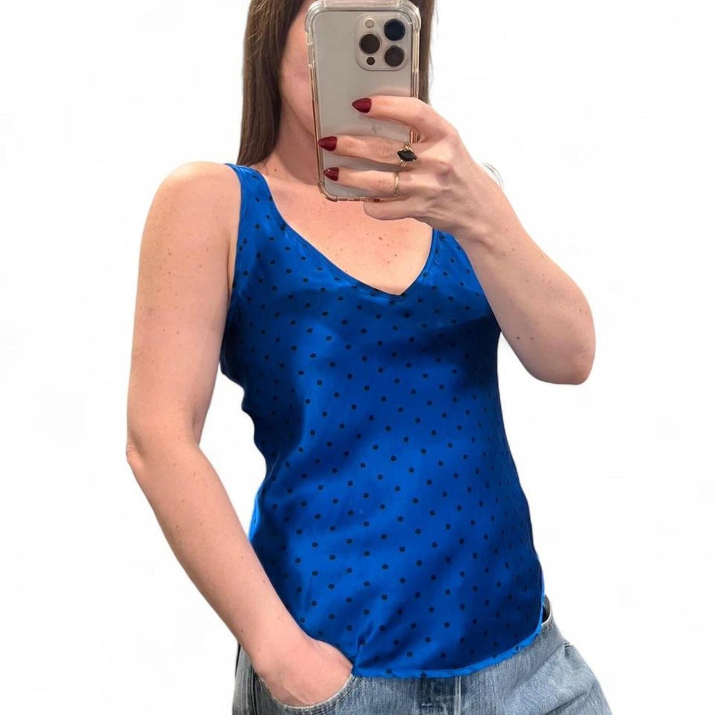 Vintage Y2K cobalt blue silk polka dot tank top