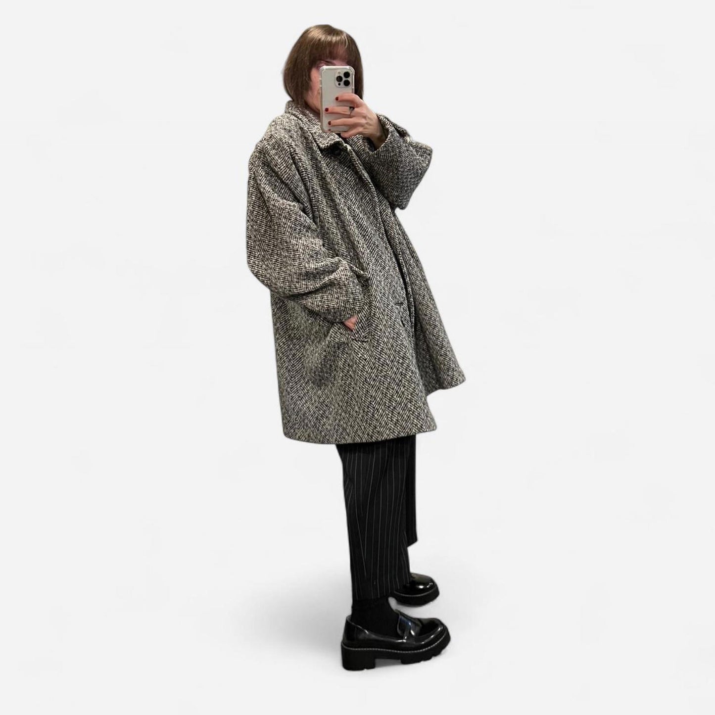 Vintage 90’s Herringbone Wool Blend Overcoat – Oversized Grandpa Coat