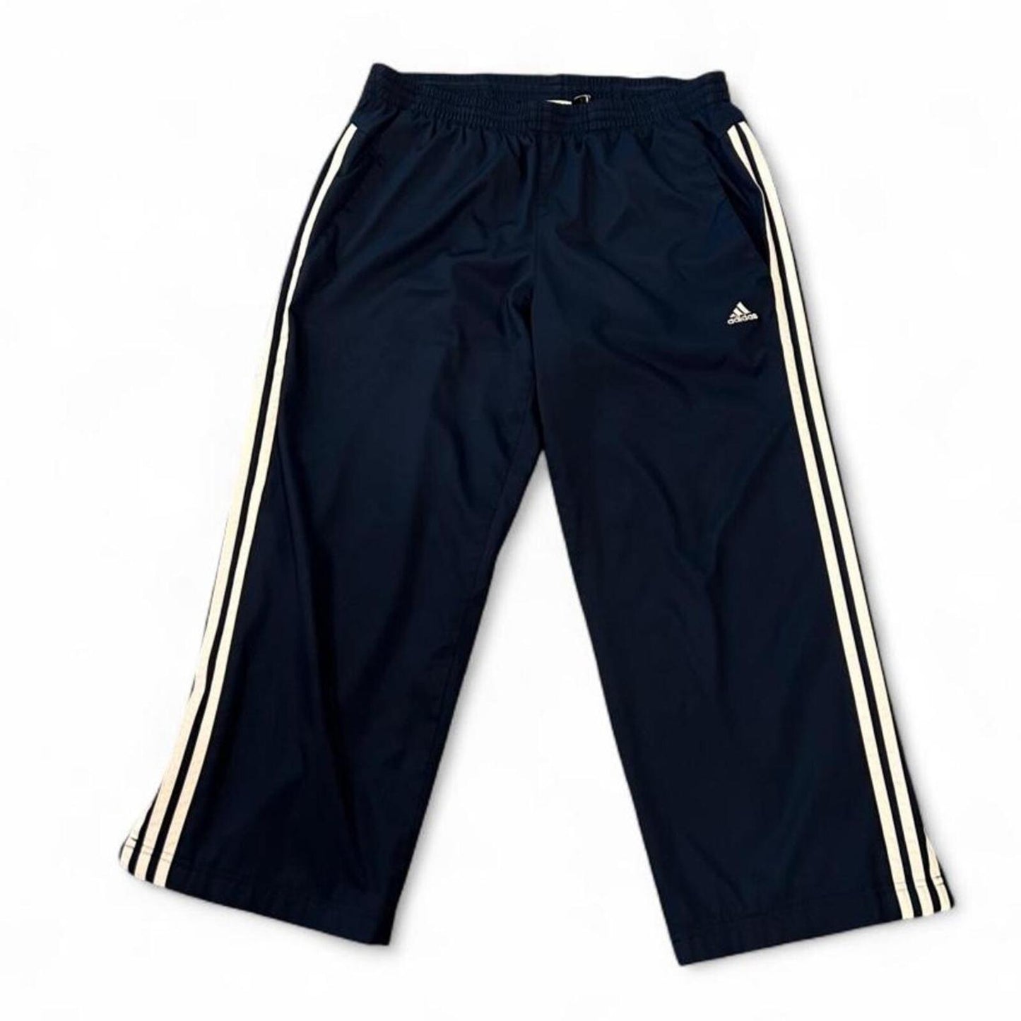 Adidas Navy Wide Leg Track Pants Y2K 3 Stripe Windbreaker Pants