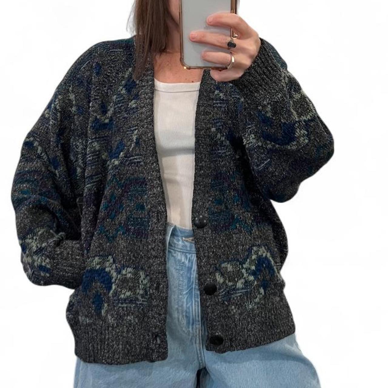 Vintage 90s Oversized Grandpa Cardigan Sweater Gray Blue Abstract Knit L