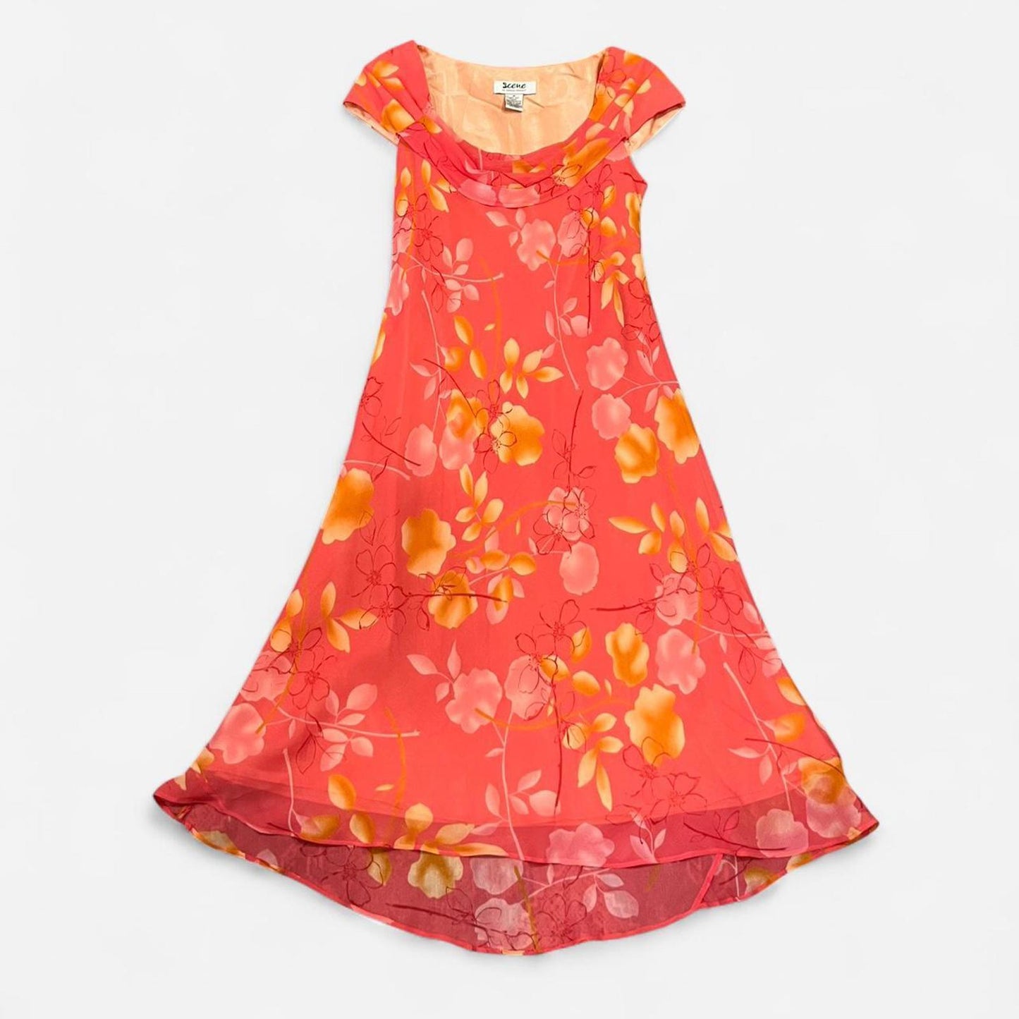 Vintage Y2K Silk Floral Dress Pink Orange Midi