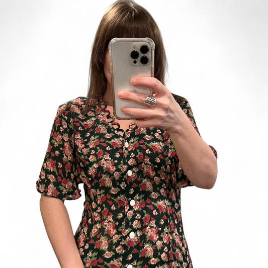 Vintage 90s Rose Print Midi Dress