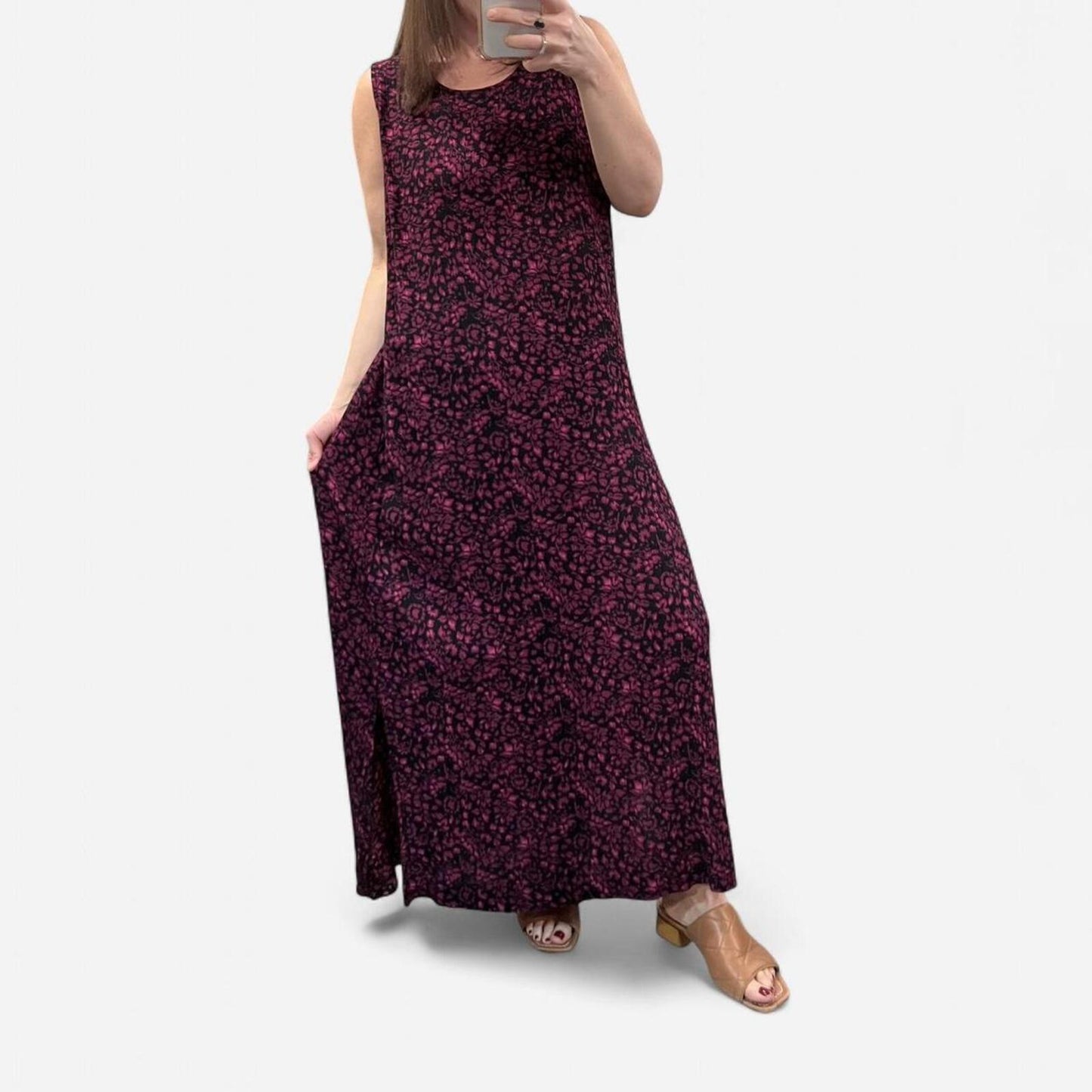 Vintage 90s Floral Maxi Dress Black Pink Slit Rayon
