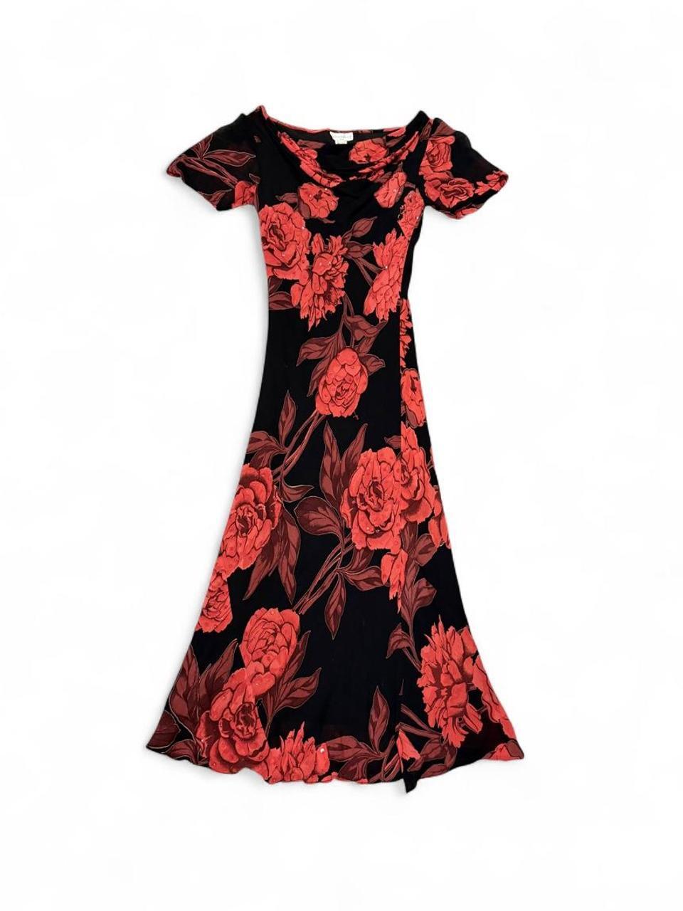 Vintage 90s Red Floral Beaded Maxi Dress