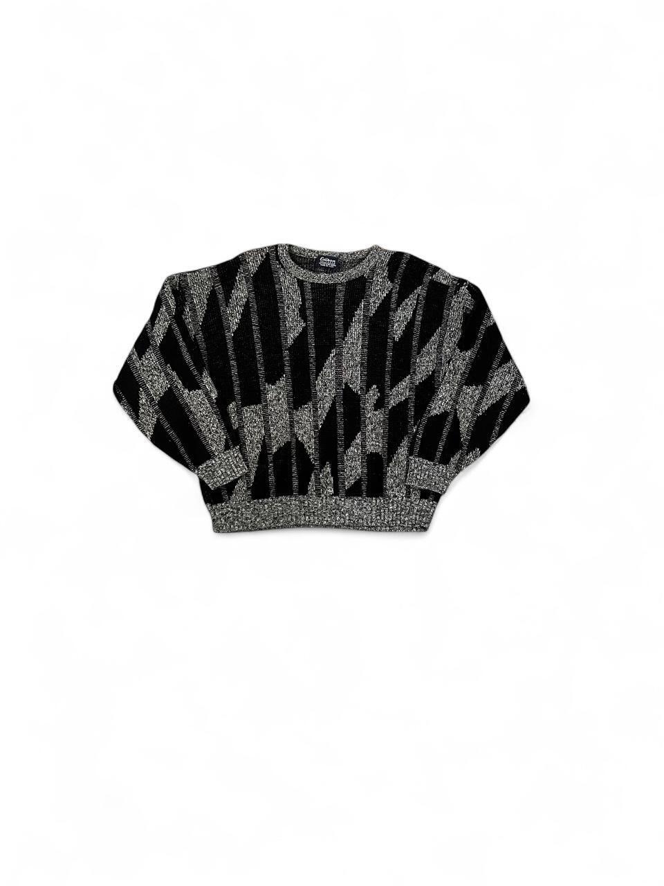 Vintage 90s Black Gray Abstract Knit Grandpa Sweater Made in USA