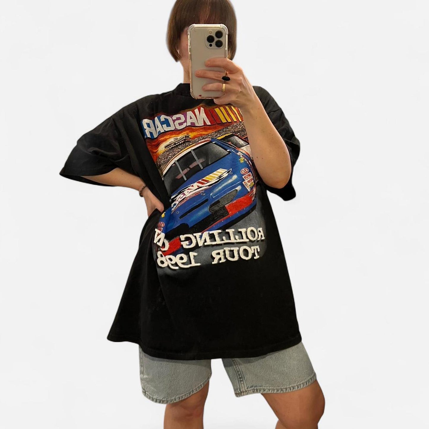 Vintage 1998 NASCAR Rolling On Tour Graphic Tee Double Sided Racing Shirt