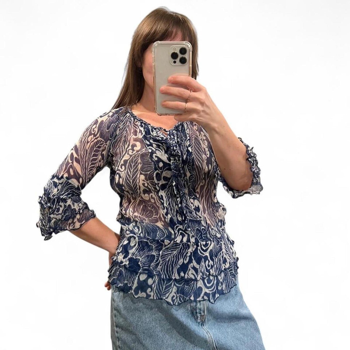 Vintage Y2K Sheer Floral Ruffle Top Blue Boho