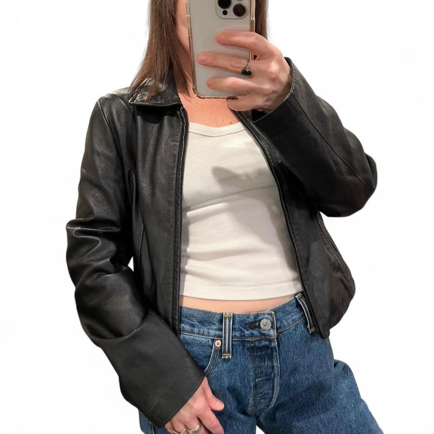 Vintage 90s Genuine Leather Black Zip Jacket Fitted