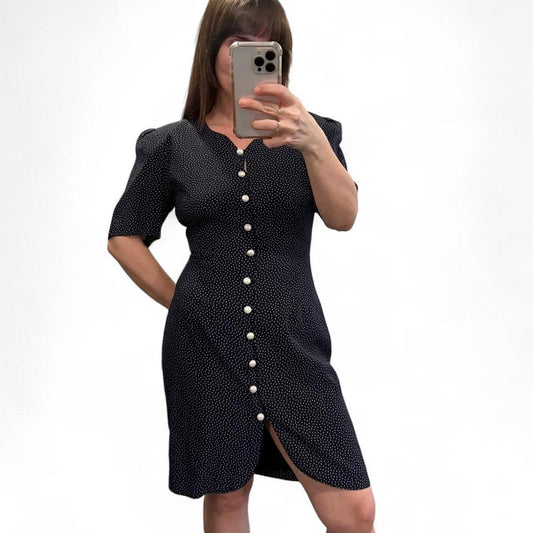 Vintage 90s Navy Polka Dot Button Front Dress Pearl Buttons
