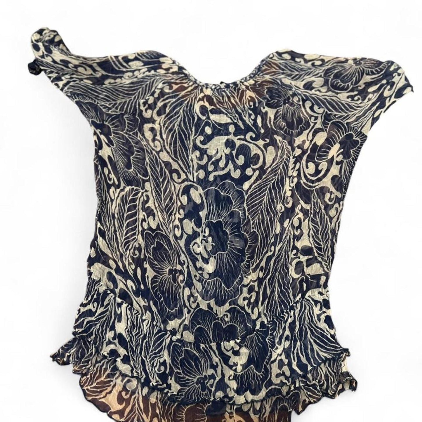 Vintage Y2K Sheer Floral Ruffle Top Blue Boho
