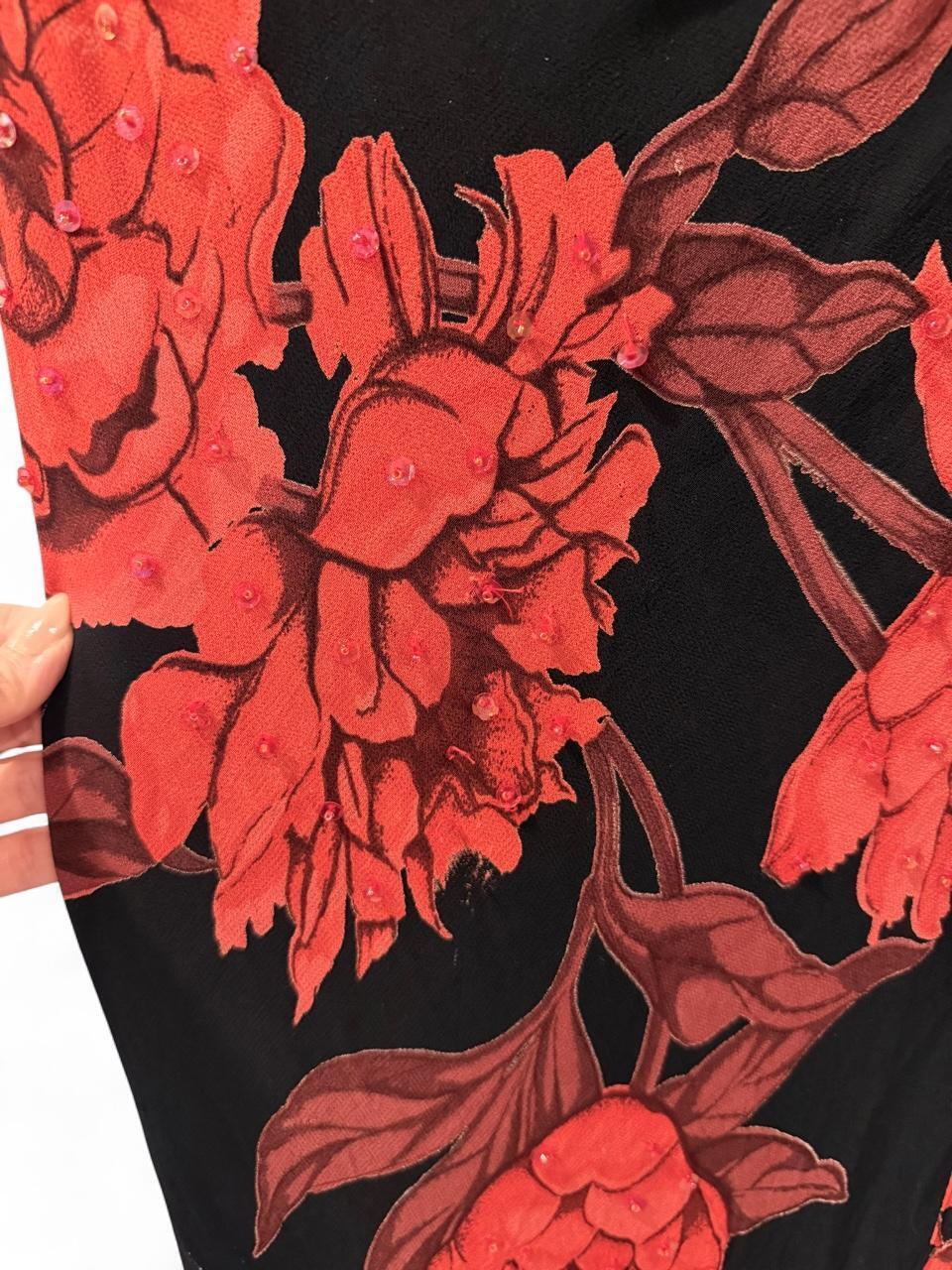 Vintage 90s Red Floral Beaded Maxi Dress