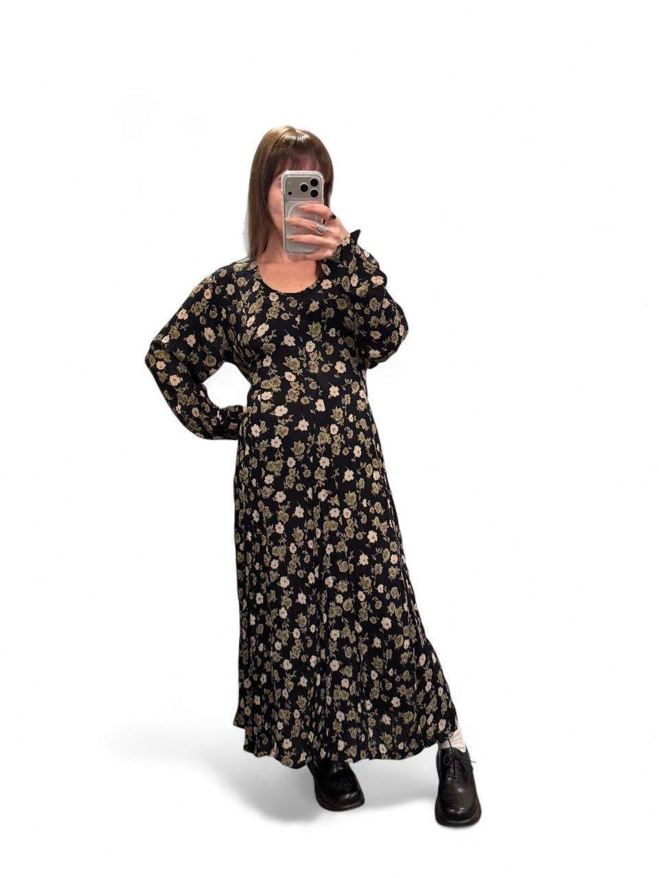 Vintage 90s Black Floral Maxi Dress