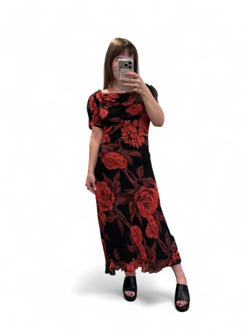Vintage 90s Red Floral Beaded Maxi Dress