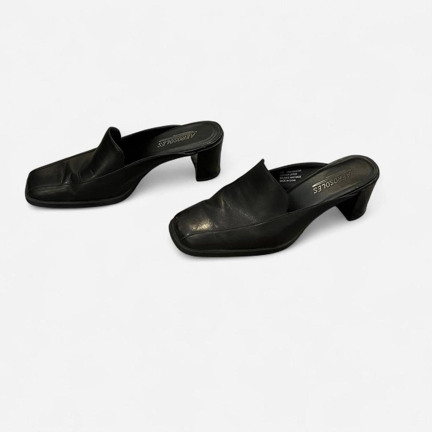 Y2K Black Leather Square Toe Mule Heels Size 7