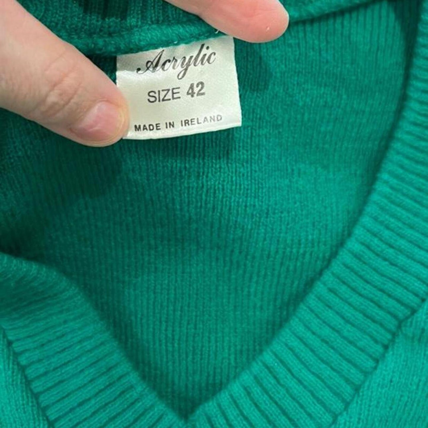 Vintage Ireland V-Neck Sweater Made in Ireland Green Crest Knit