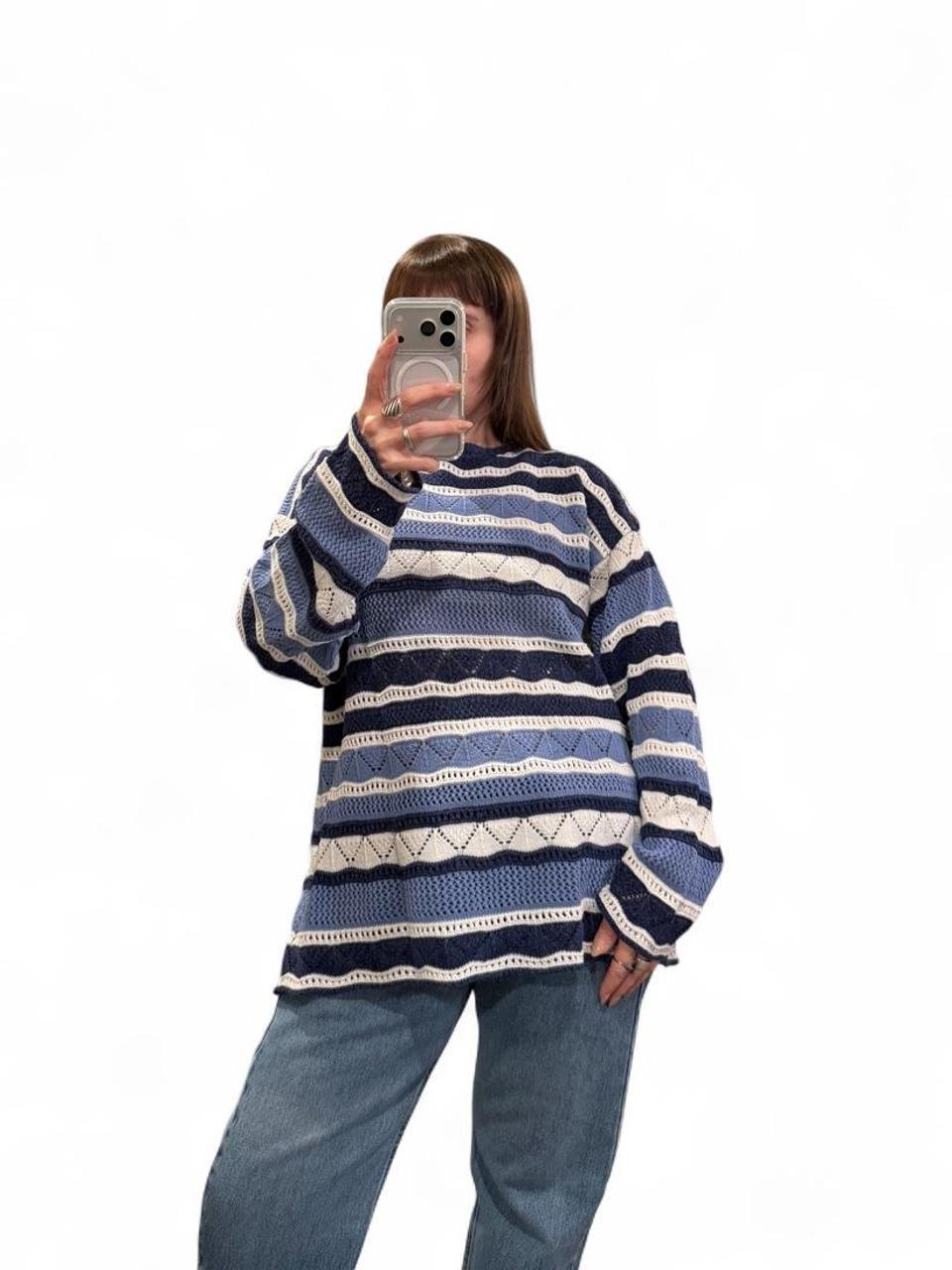 Vintage 90s Blue Open Knit Striped Sweater