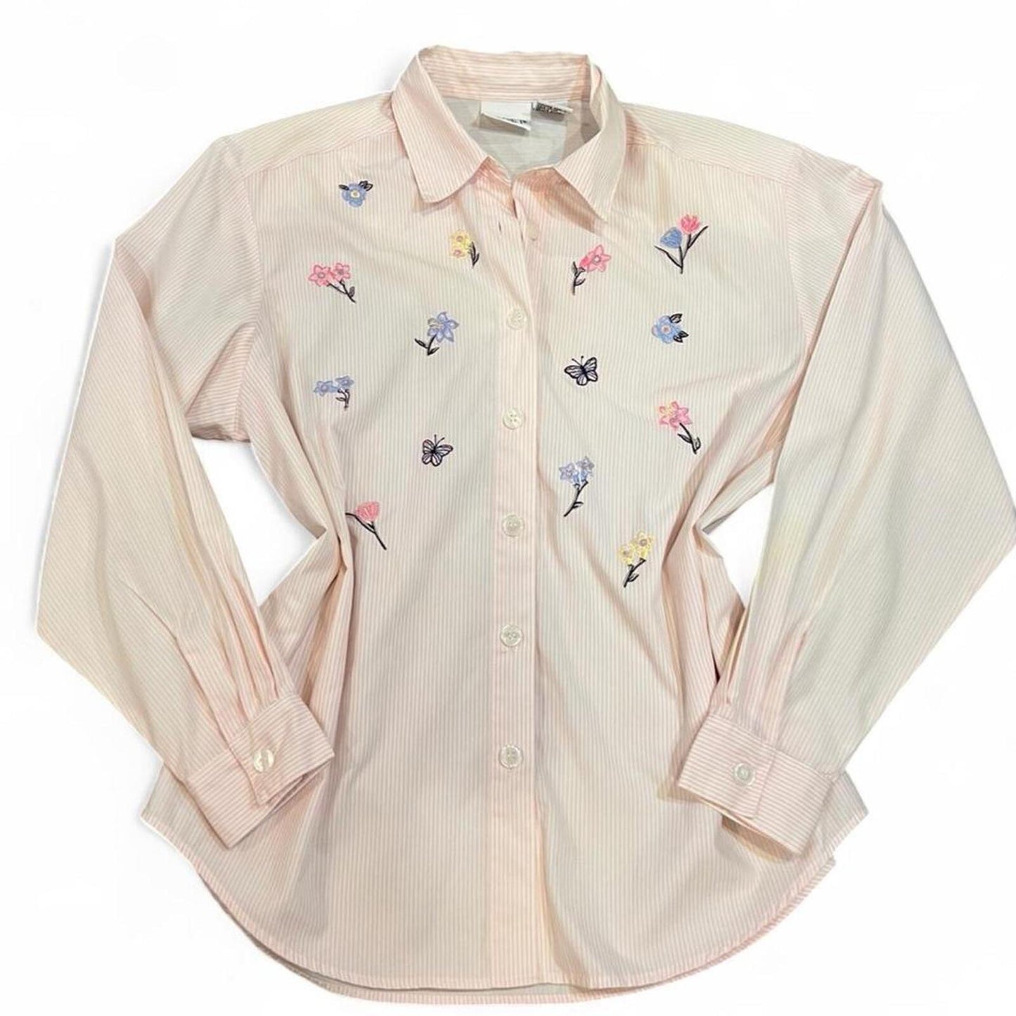 Vintage Y2K Pink Pinstripe Embroidered Floral Button Up