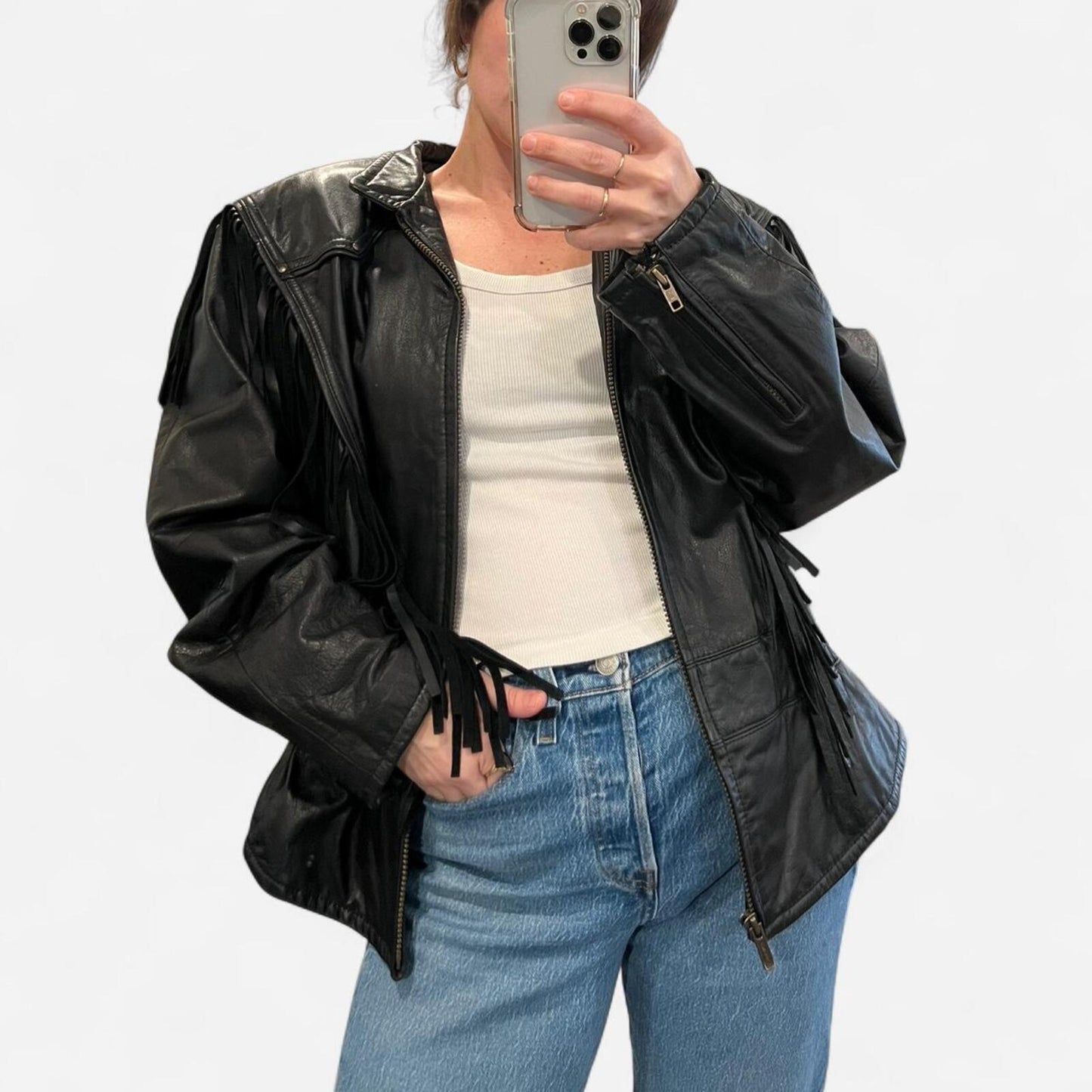 Vintage 90’s fringe leather jacket western biker oversized black
