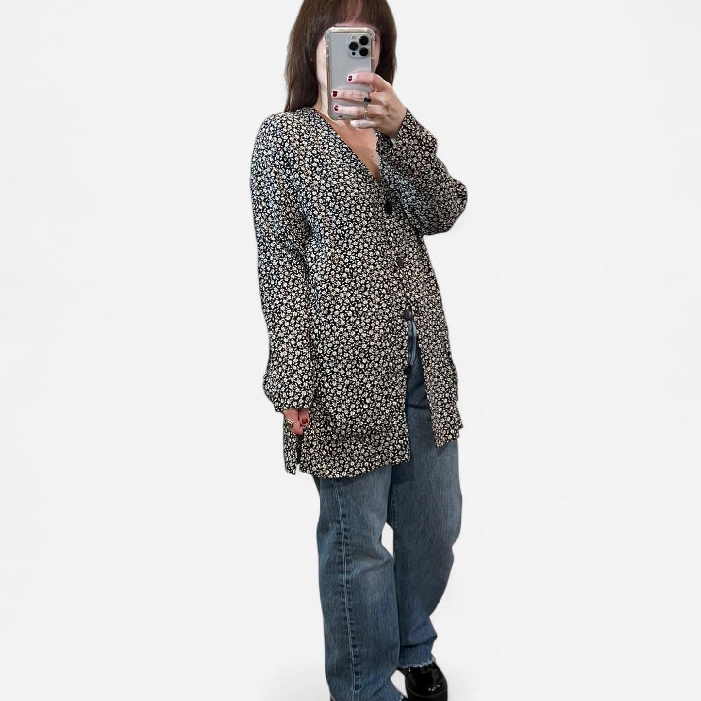 Vintage 90s Express Daisy Button Top — Black & White