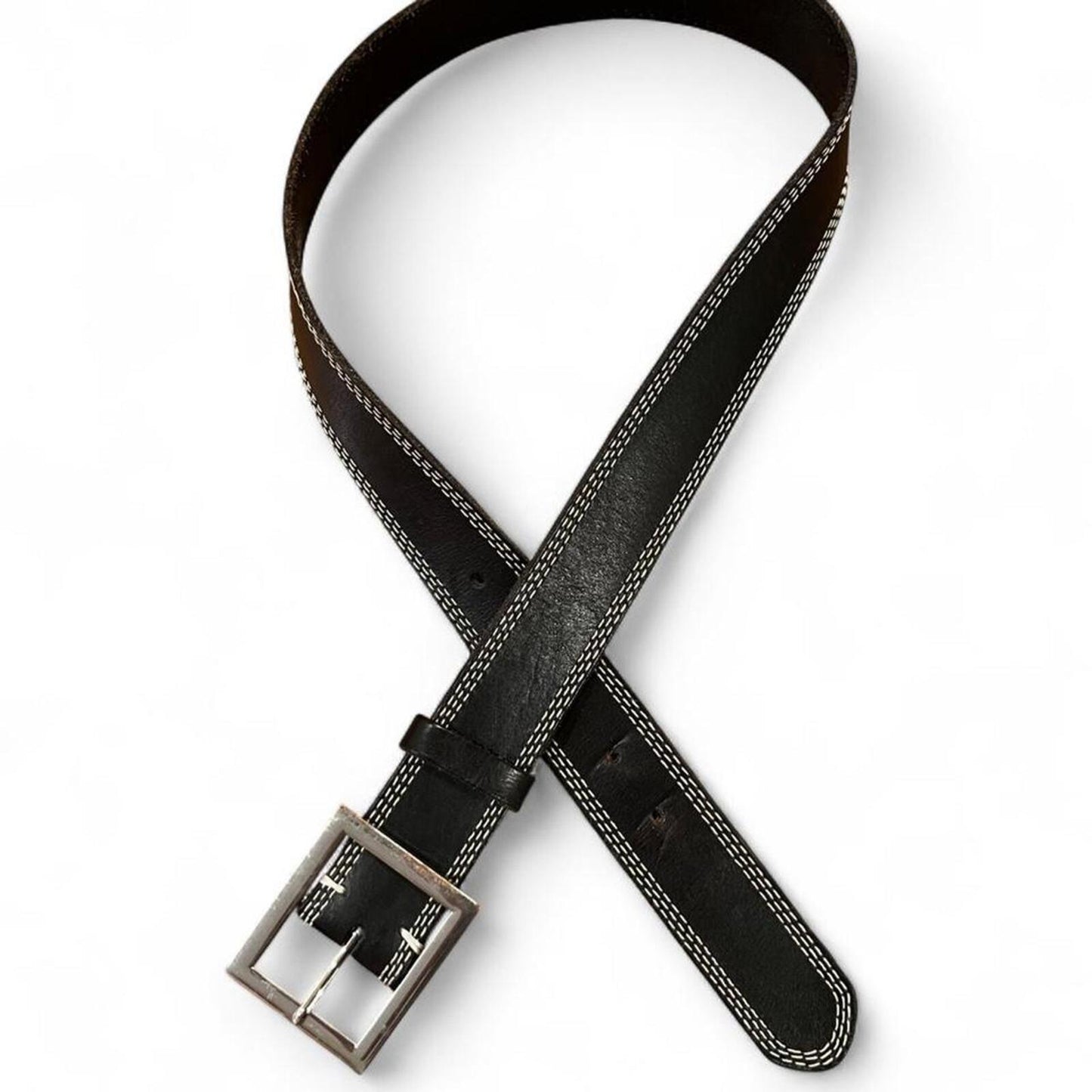 Urban Outfitters Black Leather Belt Contrast Stitch Square Buckle Y2K
