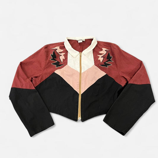 Vintage 90s Western Cropped Zip Shirt Embroidered Colorblock