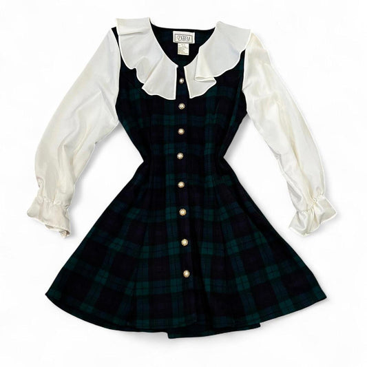 Vintage Plaid Babydoll Dress w Ruffle Collar