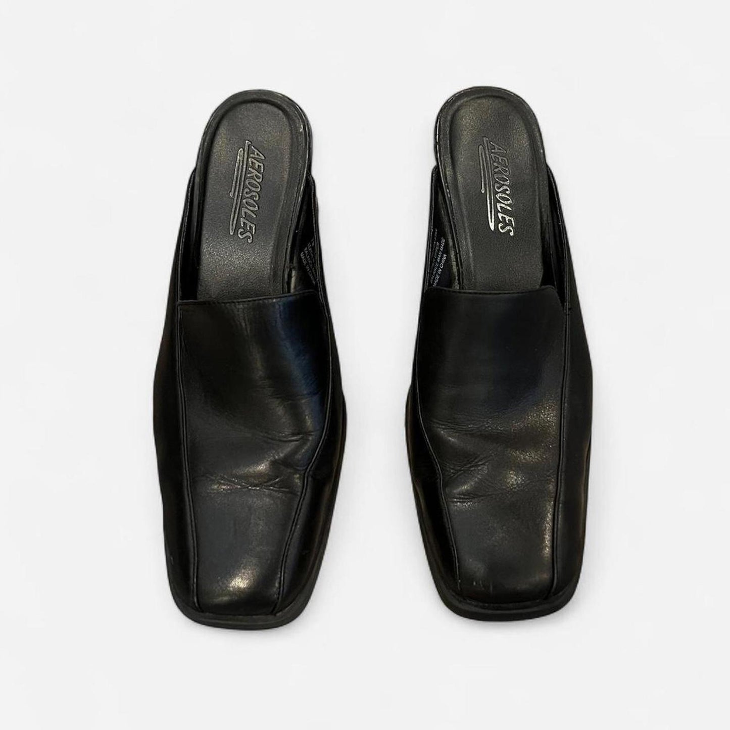 Y2K Black Leather Square Toe Mule Heels Size 7