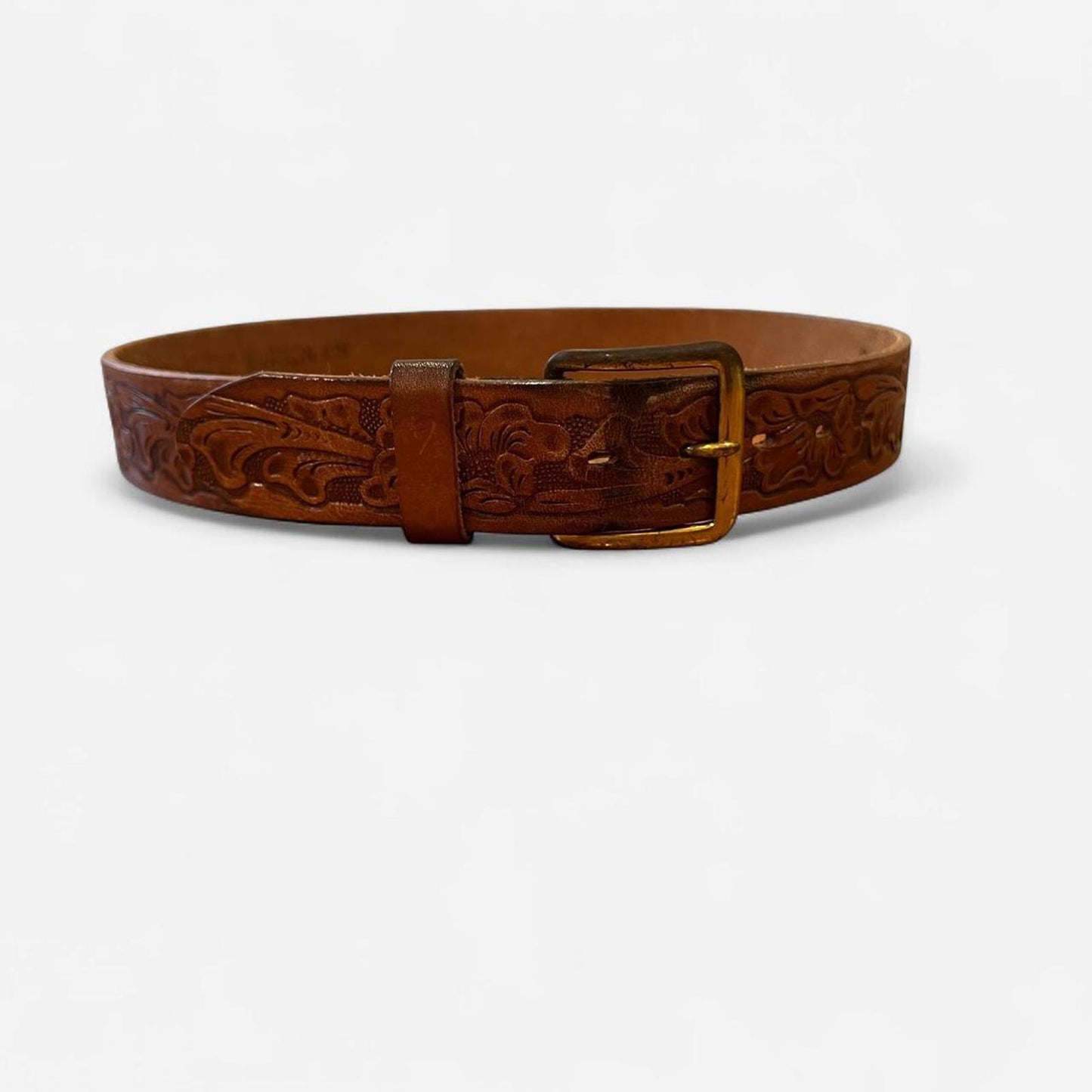 Vintage Tooled Leather Western Belt Brown Embossed Floral USA